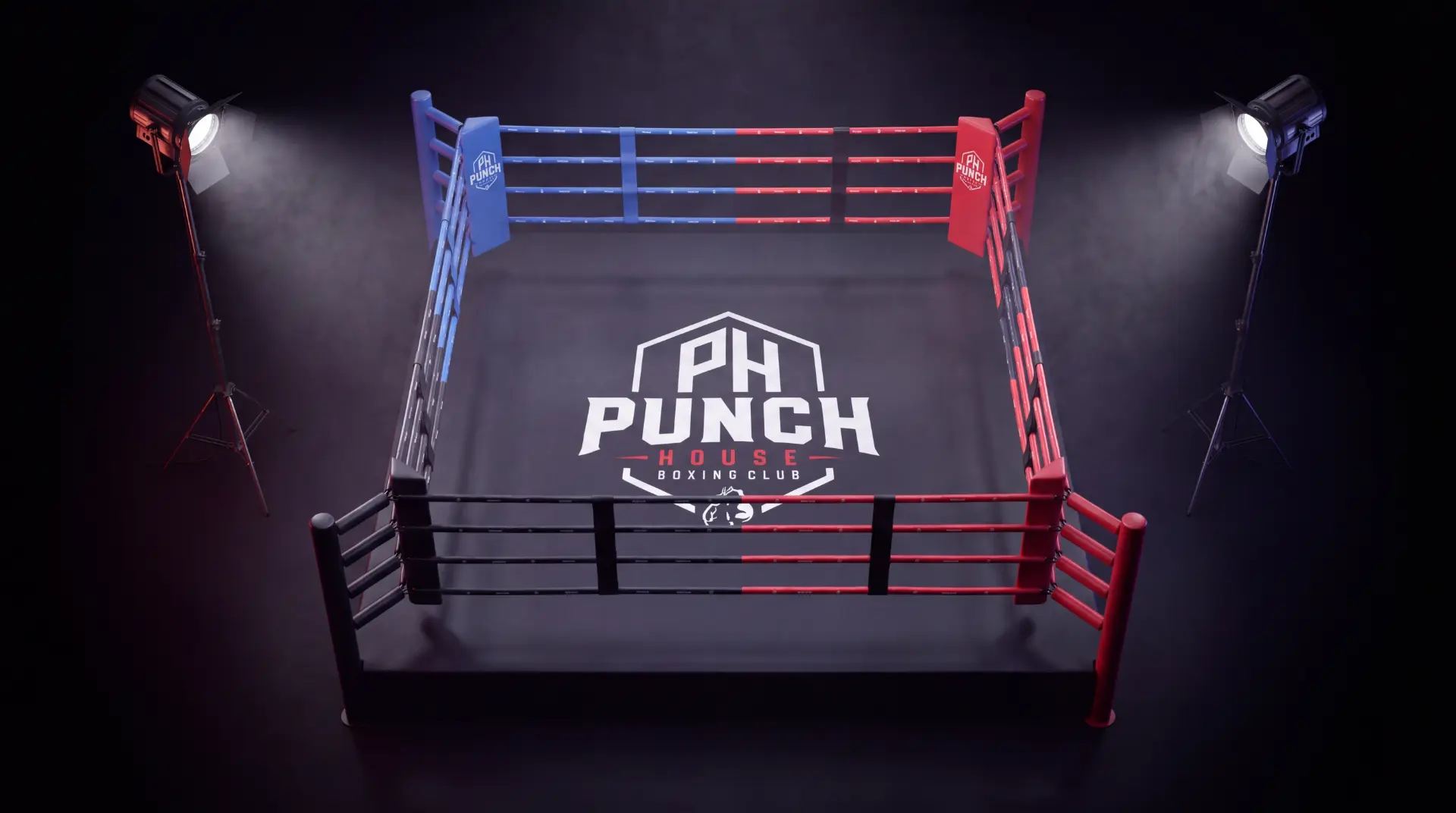Punch-House-Boxring mit roten und blauen Ringecken im Scheinwerferlicht